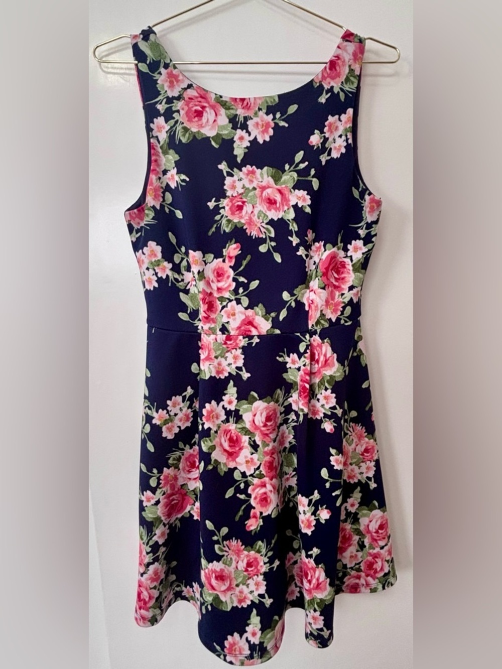 Monteau| Feminine Navy A-Line Mini Dress w/Pink Rose Floral Accents Sz M